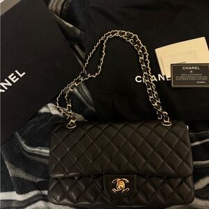 CHANEL Black Quilted Double Flap Shoulder Bag with Gold Hardware